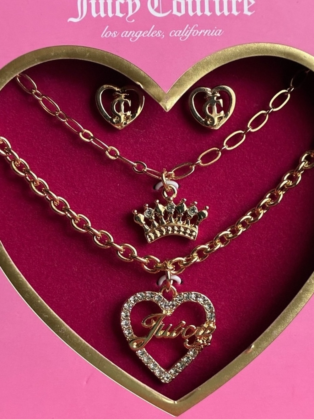 Juicy Couture Gold Crystal Heart & Crown Layered Necklace Set